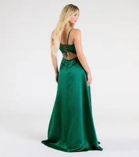 Brittany Lace-Up Slit A-Line Satin Formal Dress