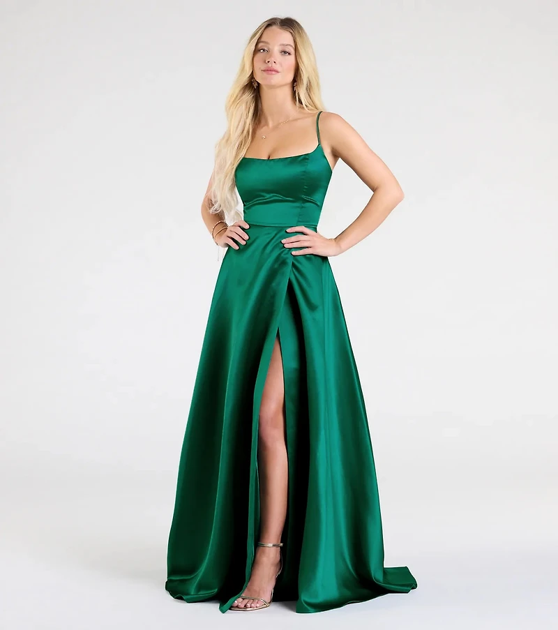 Brittany Lace-Up Slit A-Line Satin Formal Dress