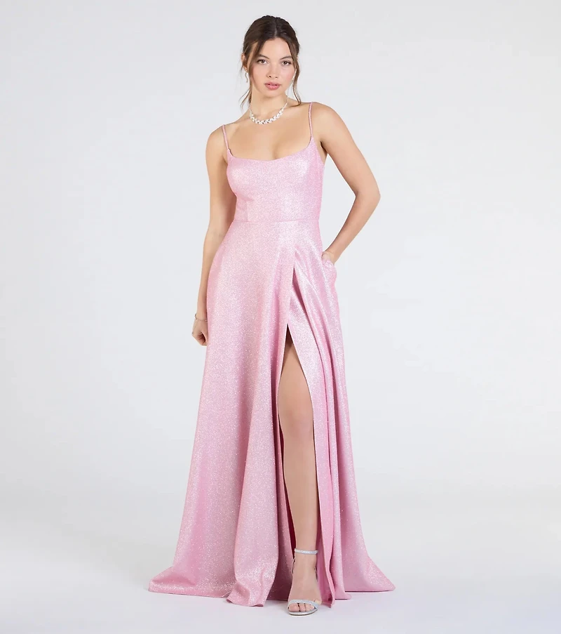 Minka Lace-Up Slit A-Line Glitter Formal Dress