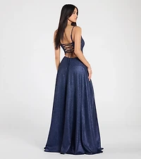Minka Lace-Up Slit A-Line Glitter Formal Dress