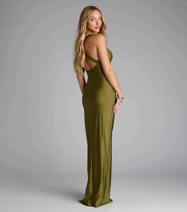 Xscape Lace Boat Neck Short Sleeve Back Slit Gown | Liberty Center