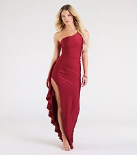 Isabella One-Shoulder Ruffle Slit Formal Dress