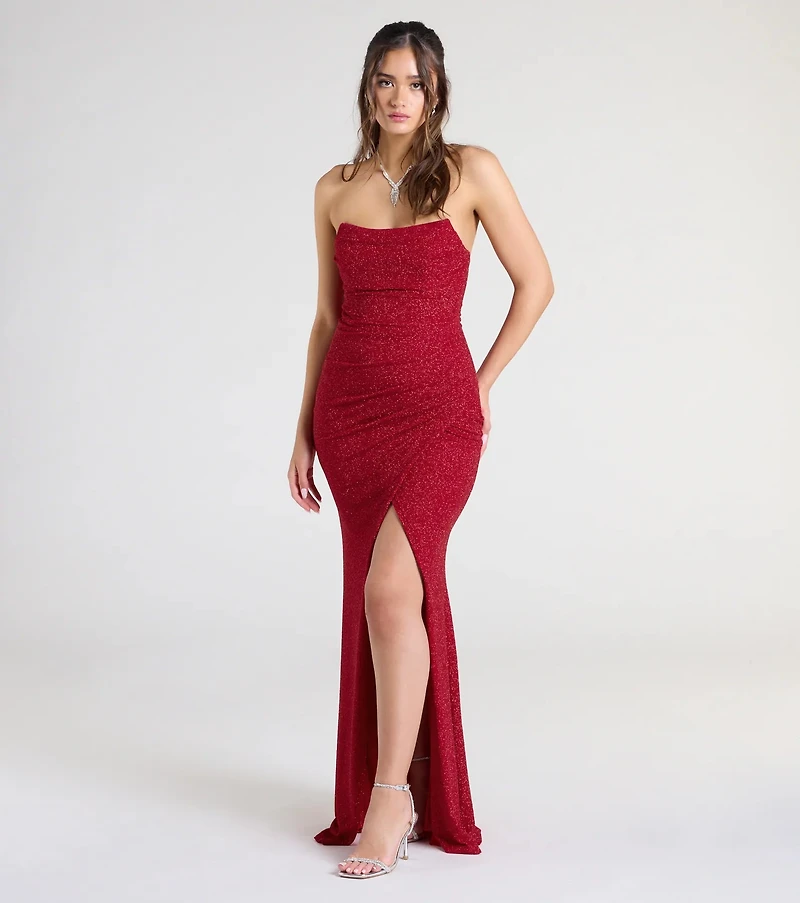 Perry Glitter Knit Wrap Slit Mermaid Dress