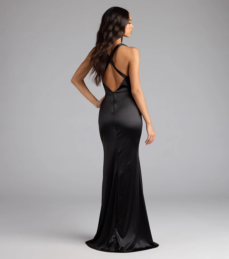 Judy Open Back Slit Mermaid Satin Formal Dress