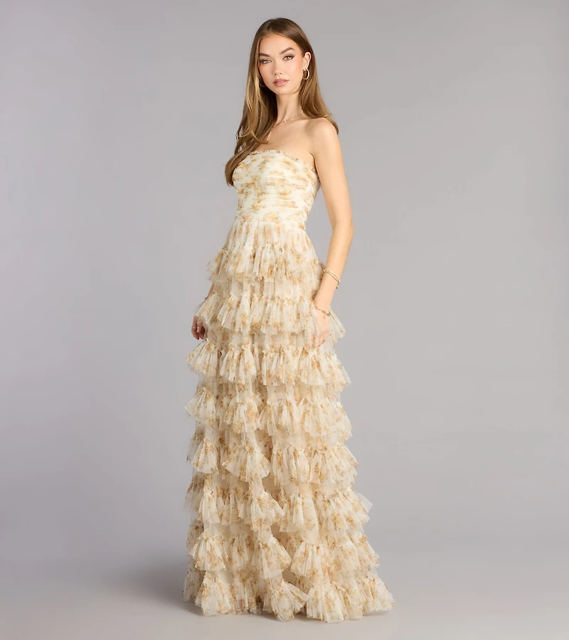 Madisyn Floral Lace-Up Ruffle Ball Gown
