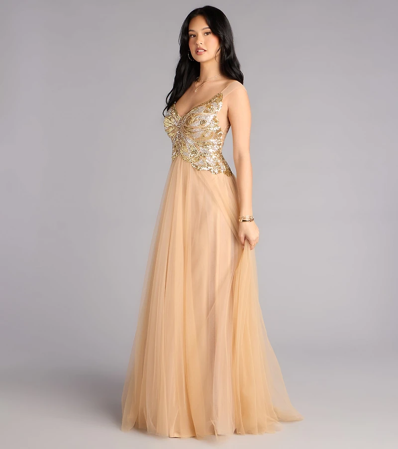 Rona Sequin Applique Butterfly A-Line Ball Gown