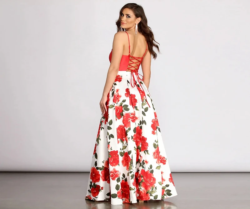 Terri Floral Printed Lace Up Back Ball Gown