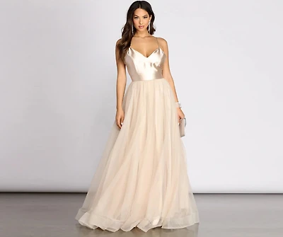 Emily Satin V Neck Tulle Ball Gown