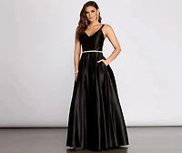 Caris Rhinestone Trim Satin Dress