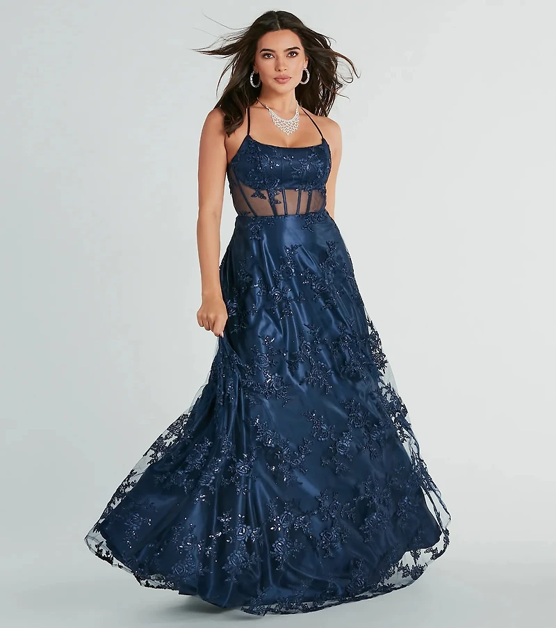 Monica Sequin Embroidered Lace Ball Gown
