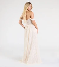 Raelynn Off-The-Shoulder A-Line Lace Ball Gown