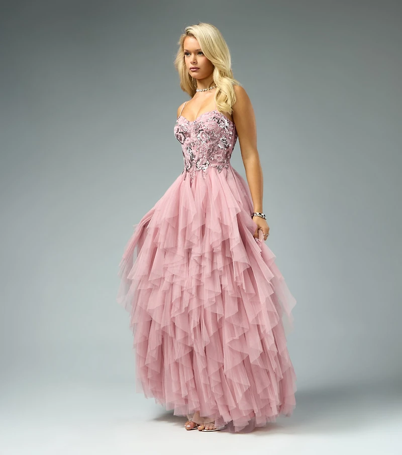Amara Sequin Tulle Floral A-Line Gown