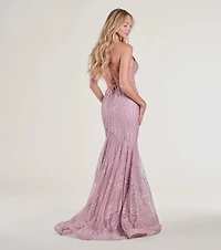 Loreli Lace-Up Glitter Striped Mermaid Gown
