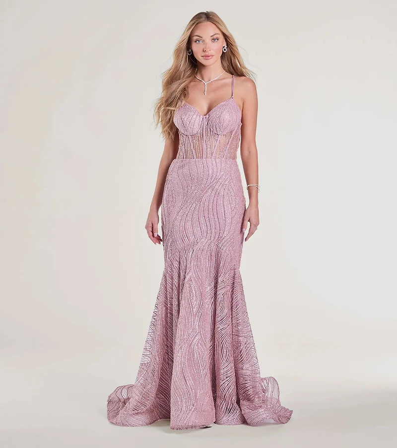Loreli Lace-Up Glitter Striped Mermaid Gown