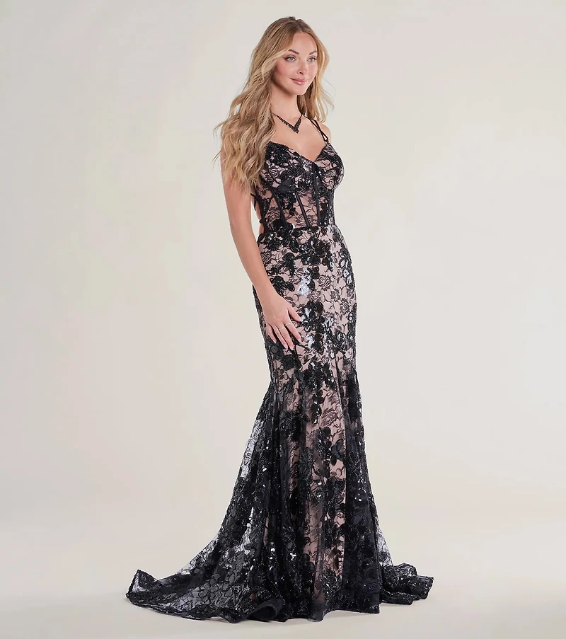 Daniella Bustier Lace-Up Lace Sequin Mermaid Gown
