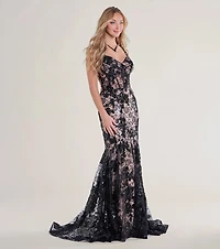 Daniella Bustier Lace-Up Lace Sequin Mermaid Gown