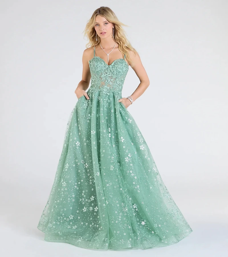 Adrienne Corset A-Line Glitter Mesh Ball Gown