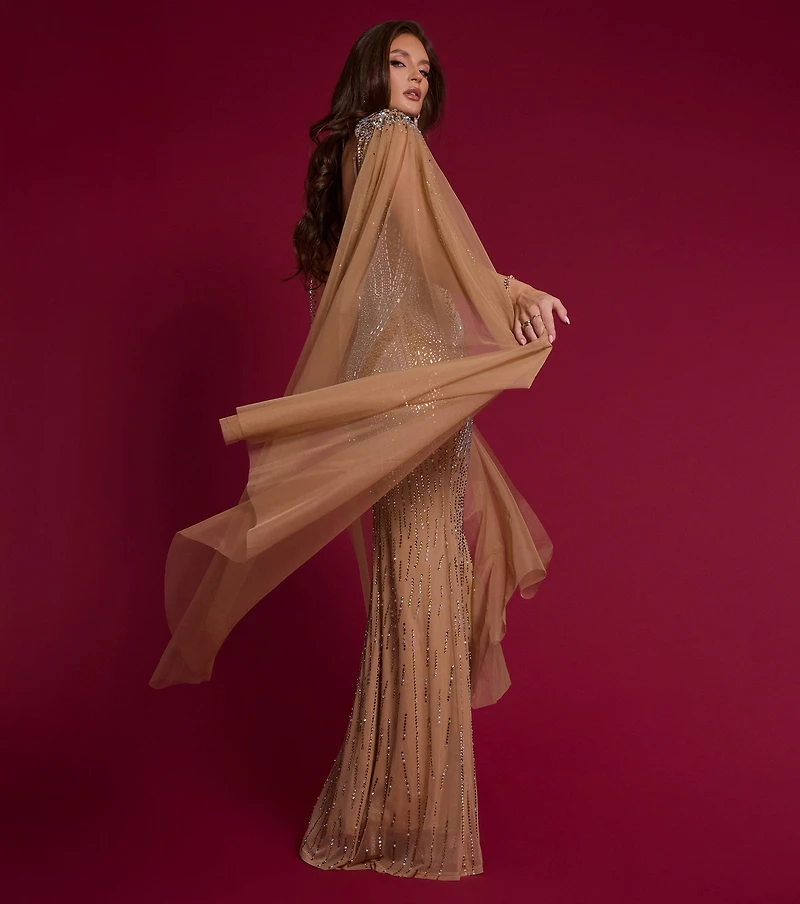 Kayte Rhinestone Mermaid Dress With Cape