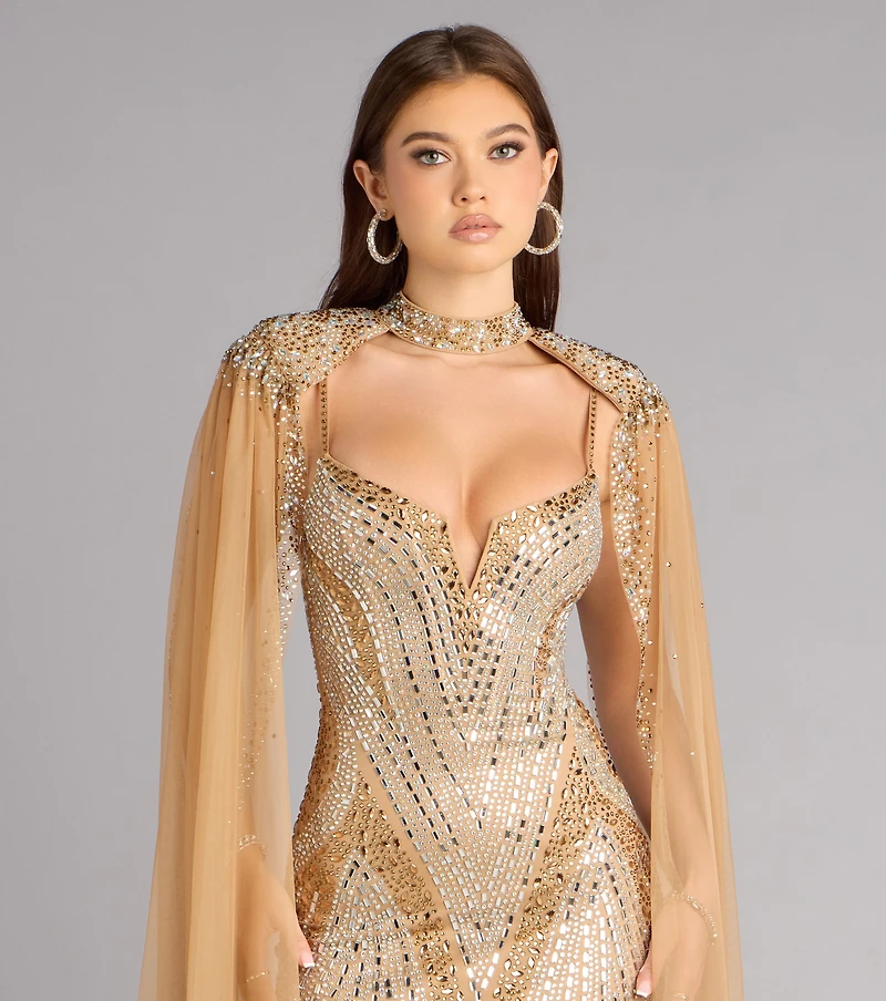 Kayte Rhinestone Mermaid Dress With Cape