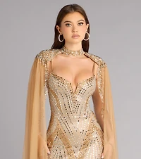 Kayte Rhinestone Mermaid Dress With Cape