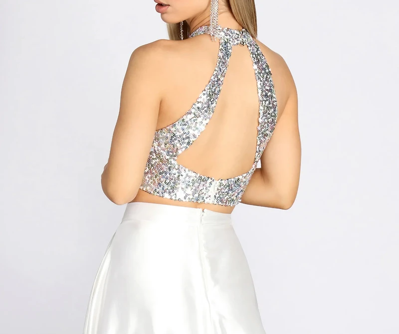 Atara Iridescent Sequin Two Piece Satin Dress