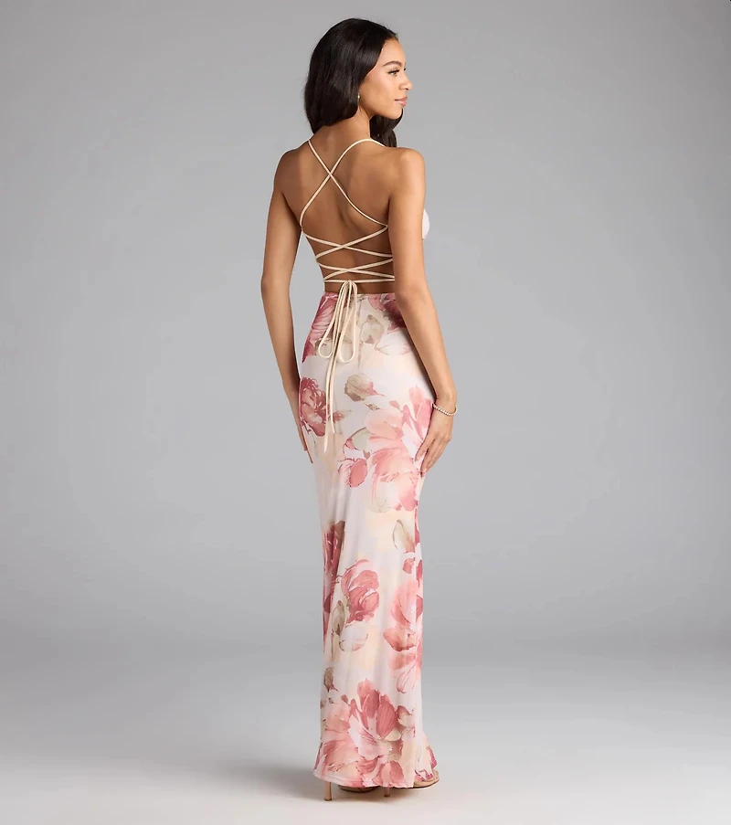Romantic Flair Floral Lace-Up Maxi Dress