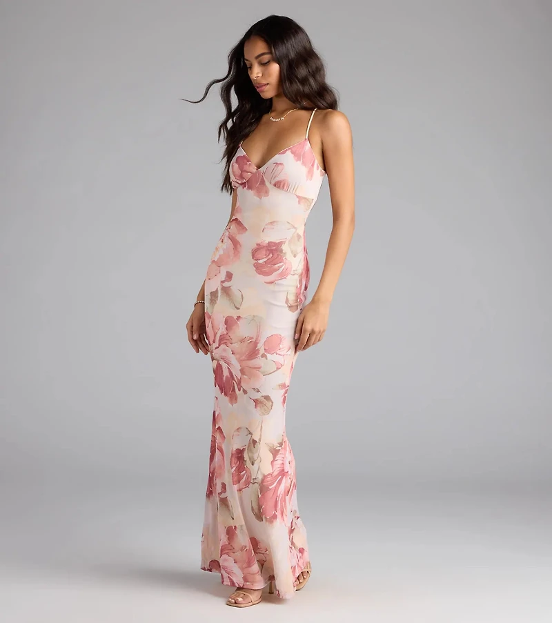 Romantic Flair Floral Lace-Up Maxi Dress