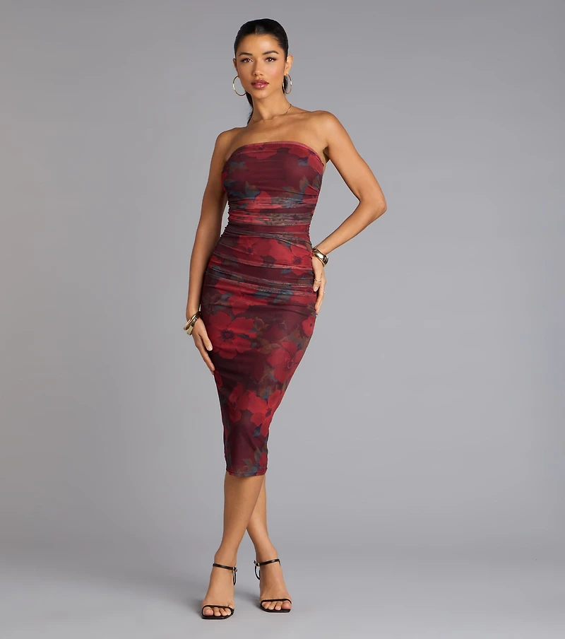 Love Struck Floral Mesh Midi Tube Dress