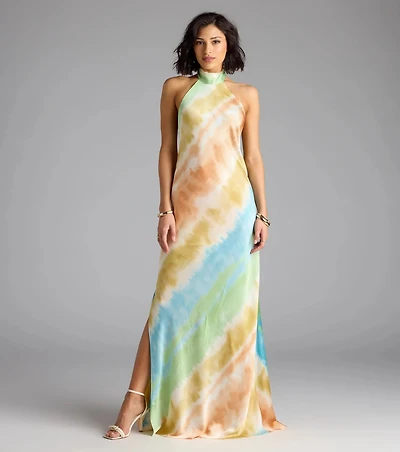 True Colors Open Back Abstract Satin Maxi Dress