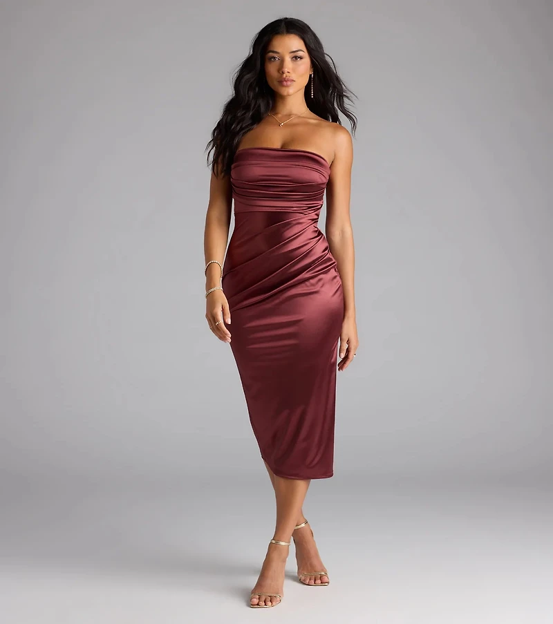 Cocktail Hour Strapless Satin Slit Midi Dress
