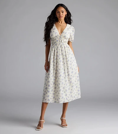 Summer Smiles Floral Puff Sleeve A-Line Midi Dress