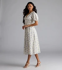 Summer Smiles Floral Puff Sleeve A-Line Midi Dress