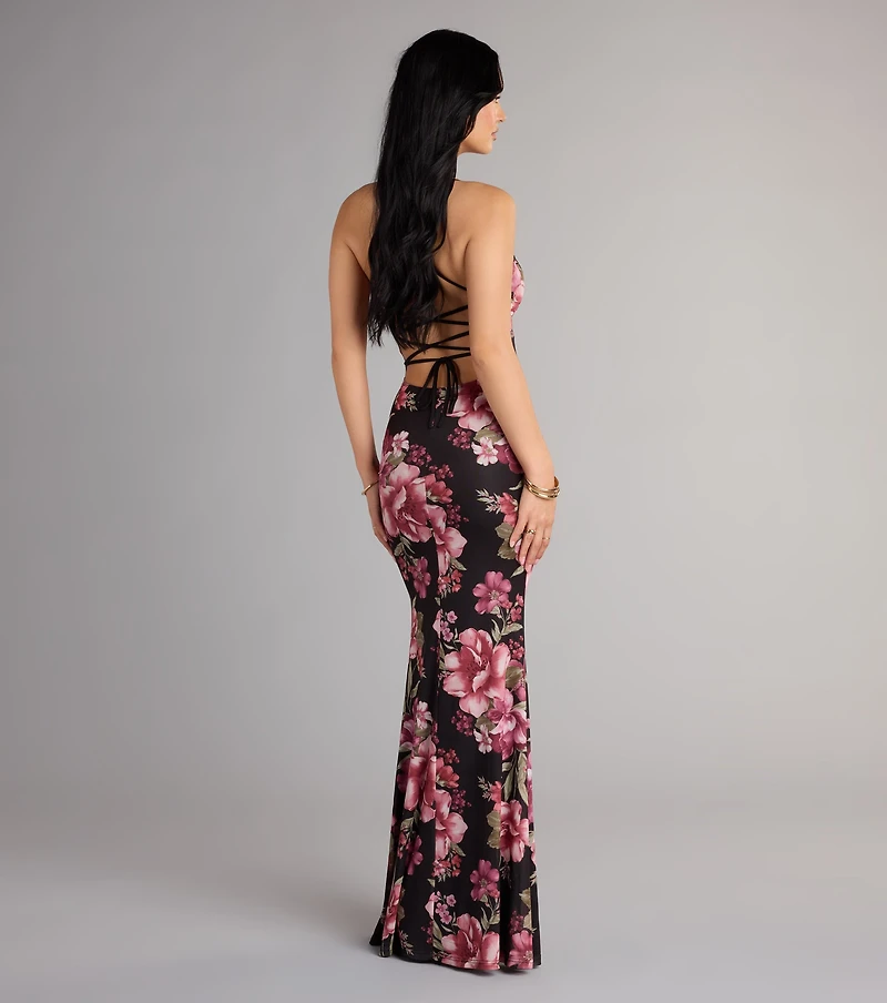 Garden Goddess Floral Lace-Up Maxi Dress