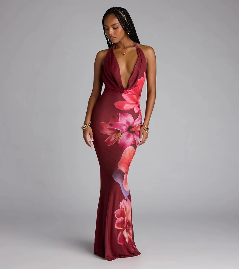 Amalfi Coast Plunge Neck Mermaid Floral Maxi Dress