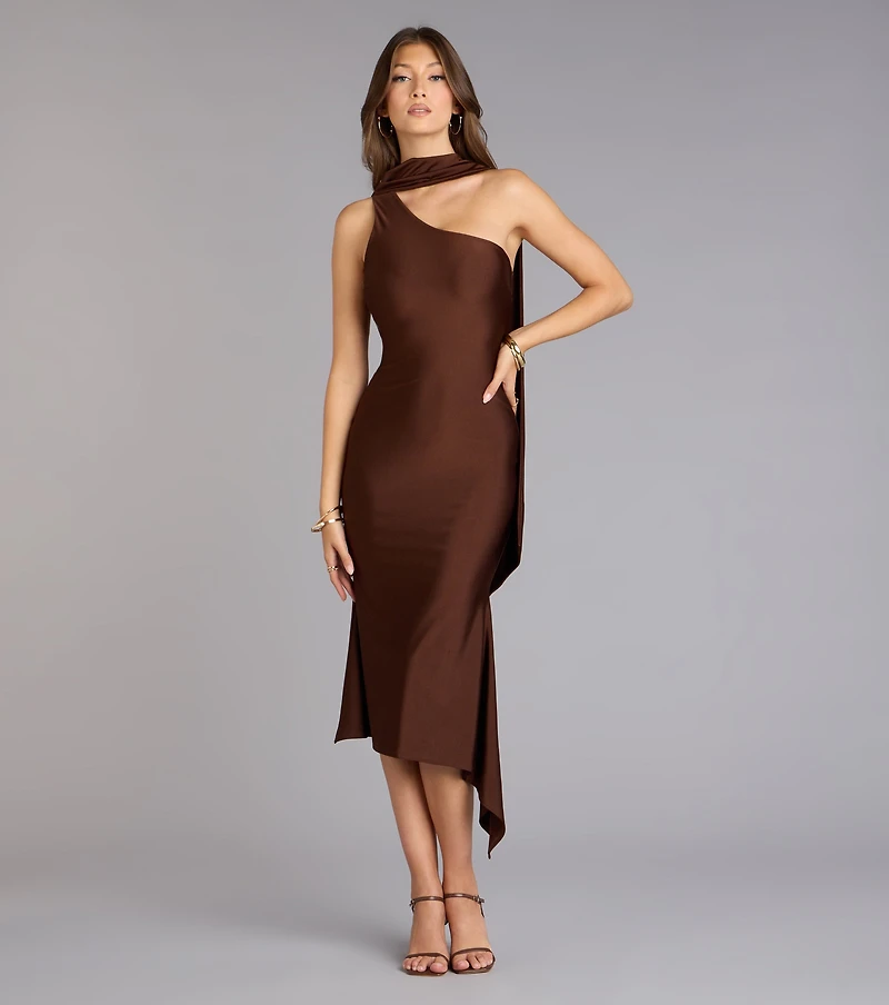 Street Strut Satin Midi Dress With Scarf