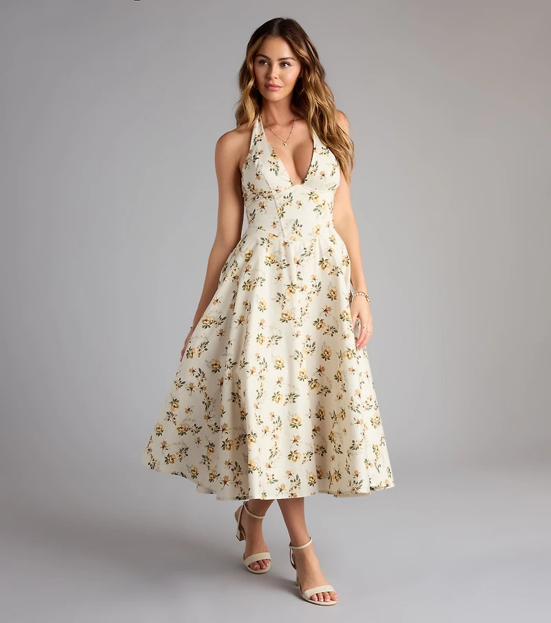 Set For Spring Halter Corset Floral Midi Dress