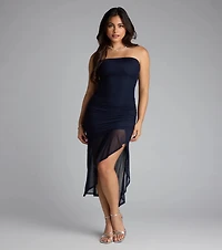 All Eyes On You Strapless Ruffle Midi Dress