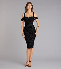 Chic Affair Flocked Floral Velvet Cold-Shoulder Midi Dress