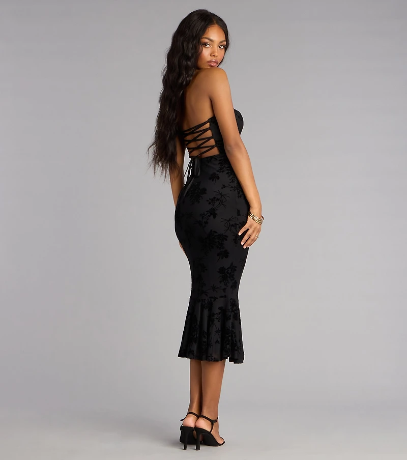 Enchanted Noir Lace Up Midi Dress