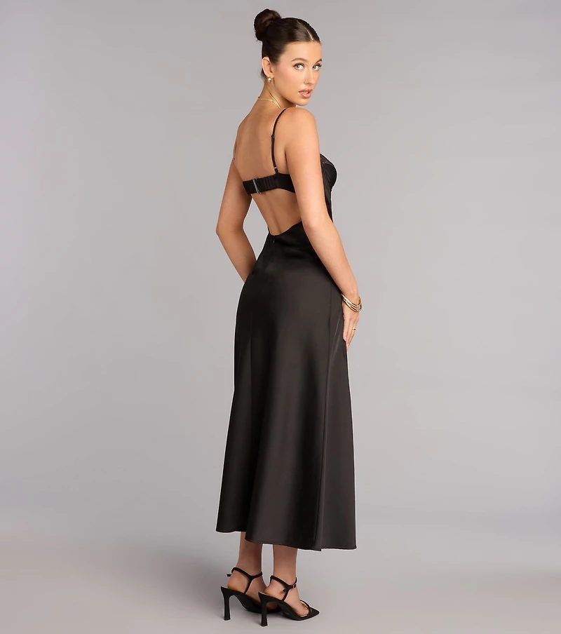 Whispered Elegance Lace Trim Satin Midi Dress