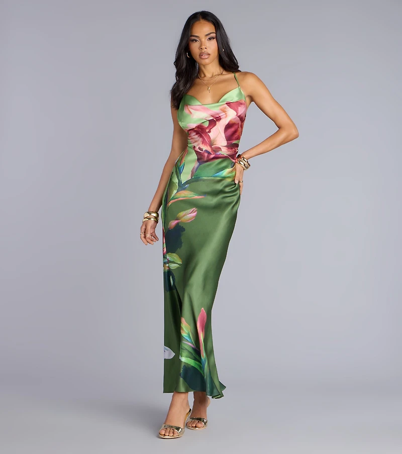 Sunset Muse Floral Satin Maxi Dress
