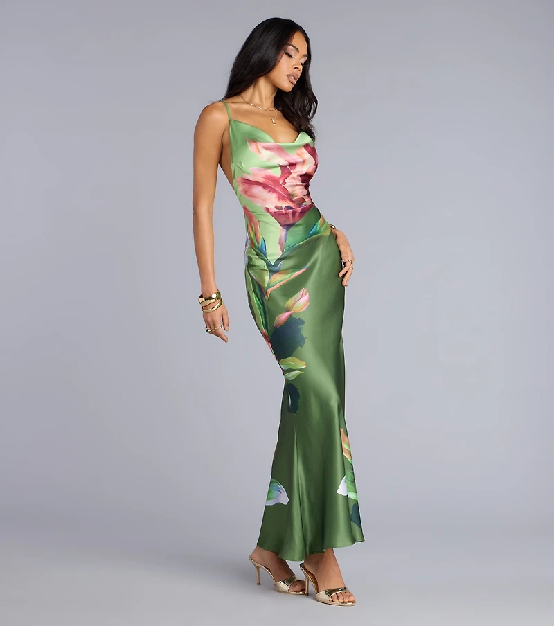 Sunset Muse Floral Satin Maxi Dress