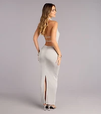Unforgettable Allure Metallic Knit Halter Column Dress