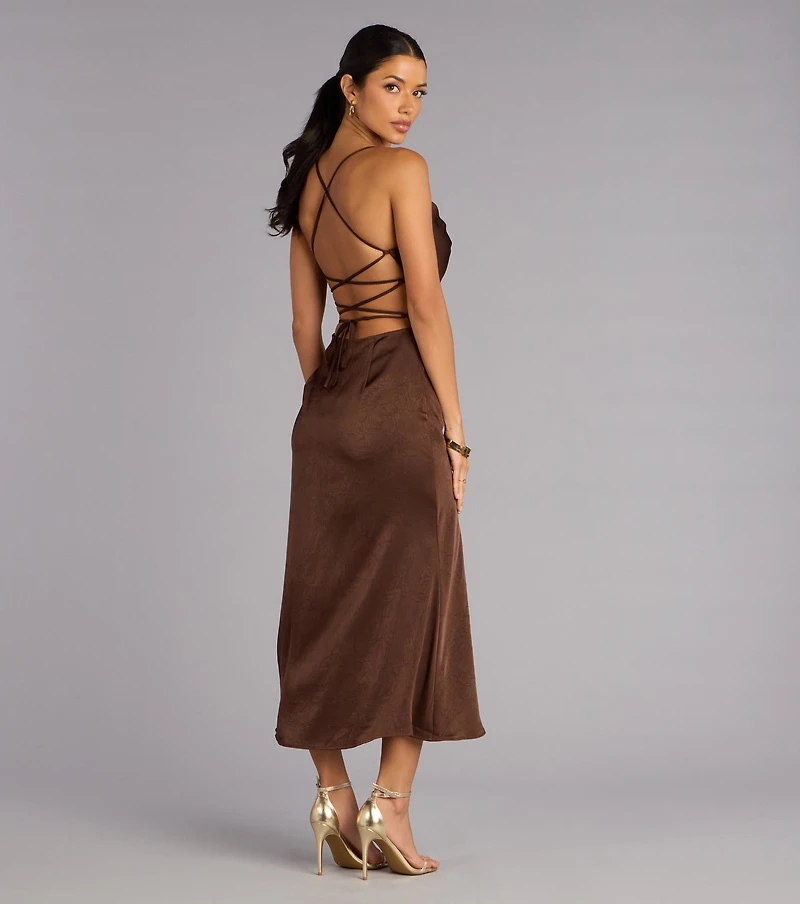 After Hours Sultry Satin Lace-Up Midi Dress