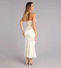 Satin Glow Strapless Beaded Midi Dress