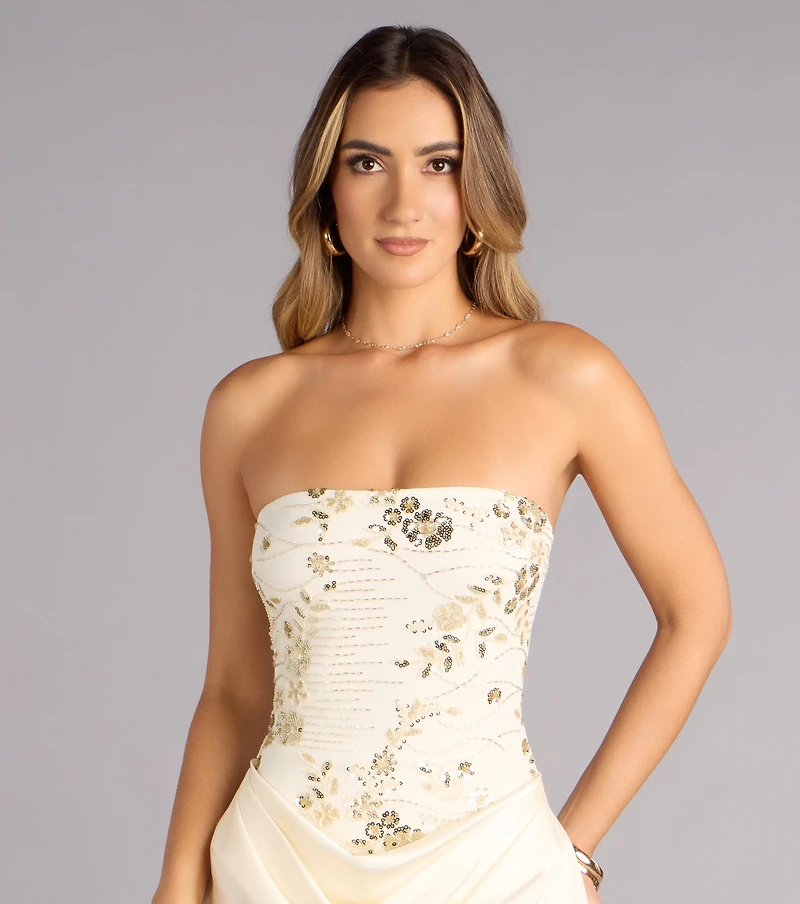 Satin Glow Strapless Beaded Midi Dress