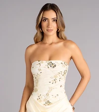 Satin Glow Strapless Beaded Midi Dress