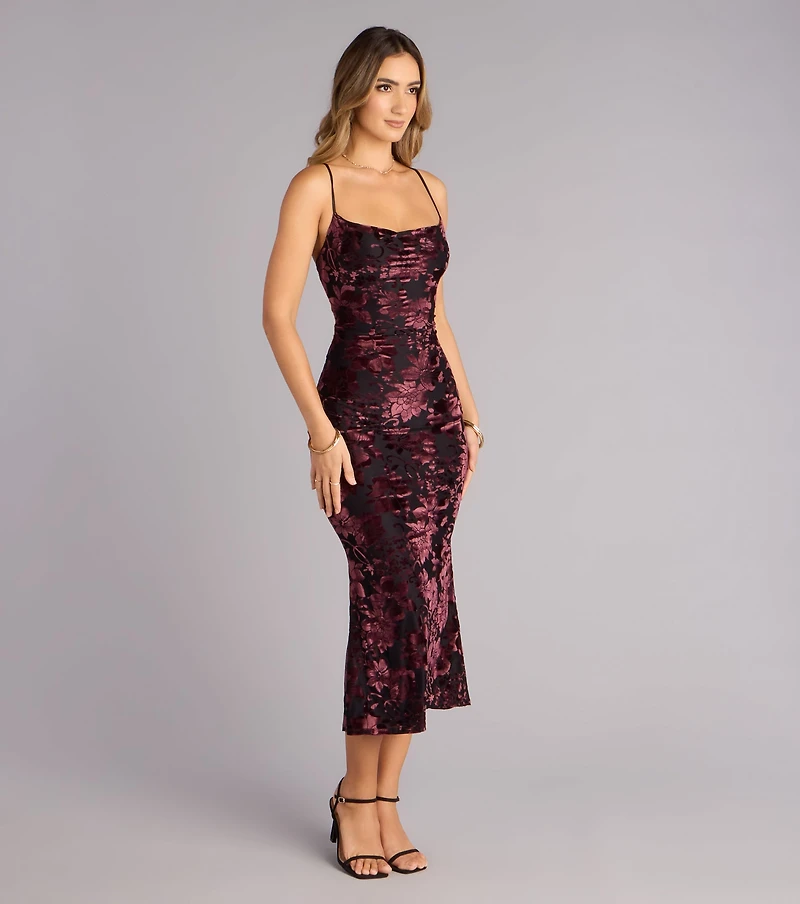 Floral After Dark Burnout Lace-Up Midi Dress