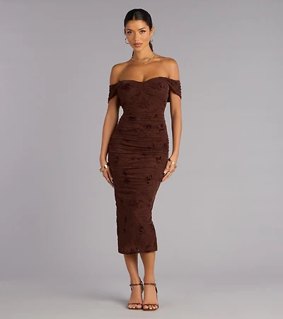 Sweet Chic Flocked Floral Off-The-Shoulder Midi Dress