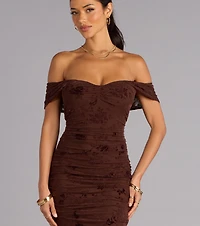 Sweet Chic Flocked Floral Off-The-Shoulder Midi Dress